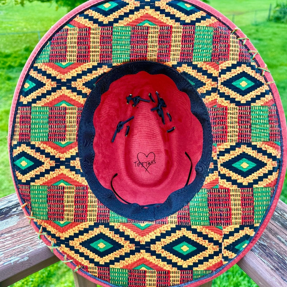 Hand Burned Hat, Whipstitched Kente Cloth Fabric Attached, African Suede Hat